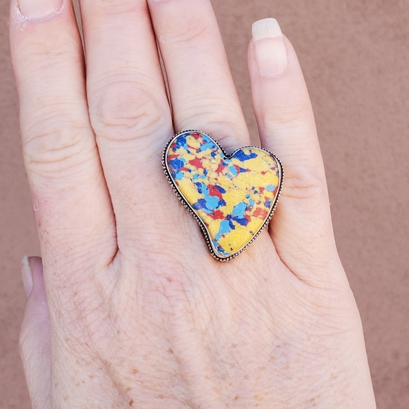 New Heart Shaped Mosaic Balloon Jasper 925 Silver Ring. - Picture 2 of 10